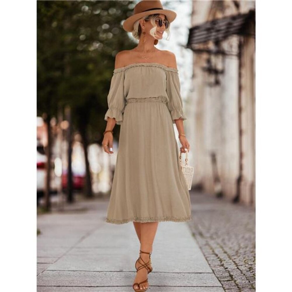 Off-Shoulder Flounce Sleeve Midi Dress
